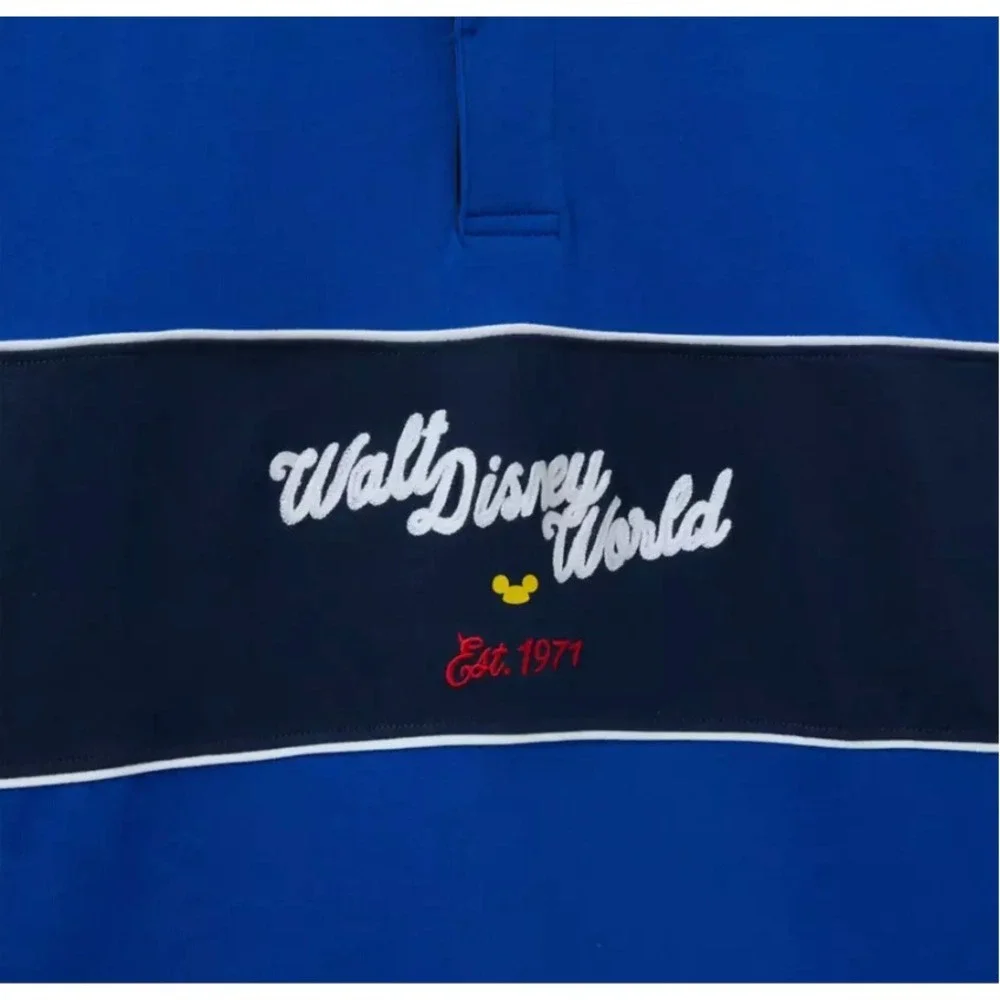 Disney Mens Large Blue & Navy Mickey Mouse Collegiate Rugby Polo Embroidered NWT