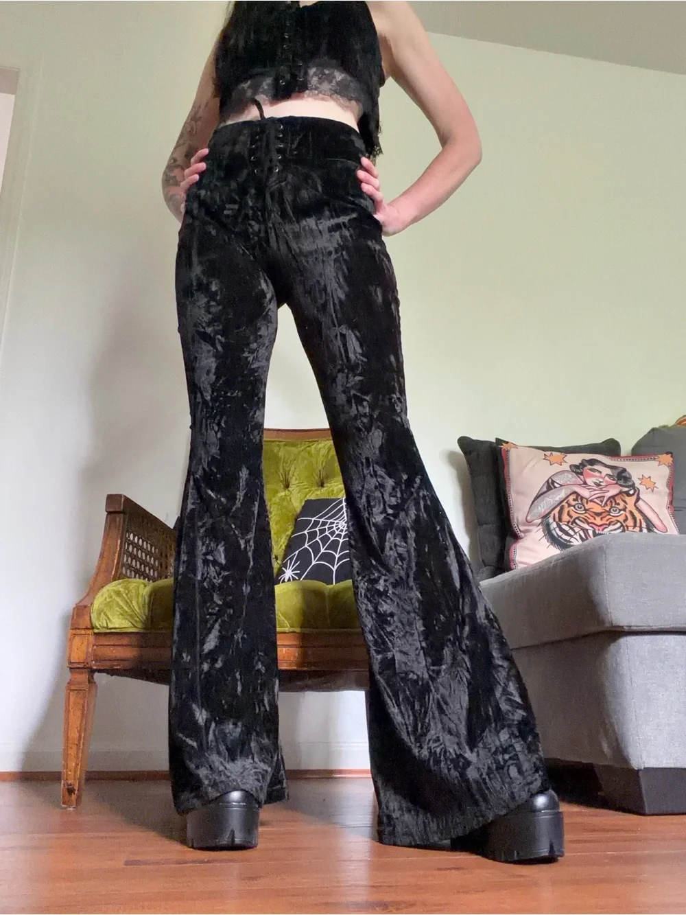 Killstar Black Crushed Velvet Lace-Up Flare Pants