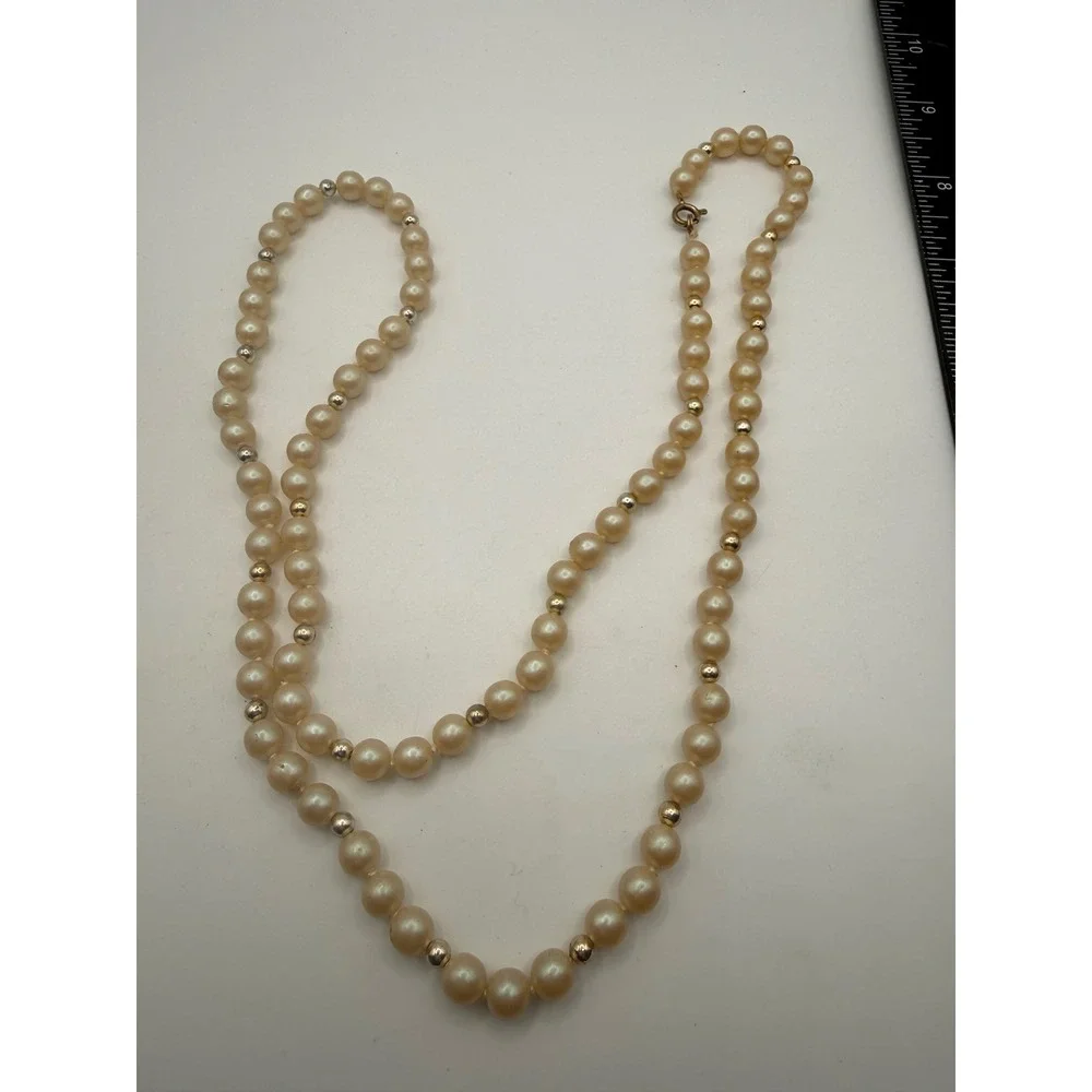Vintage Faux Pearl Strand Necklace Gold Tone Spacer Beads Cream 22 Inch‎ Classic