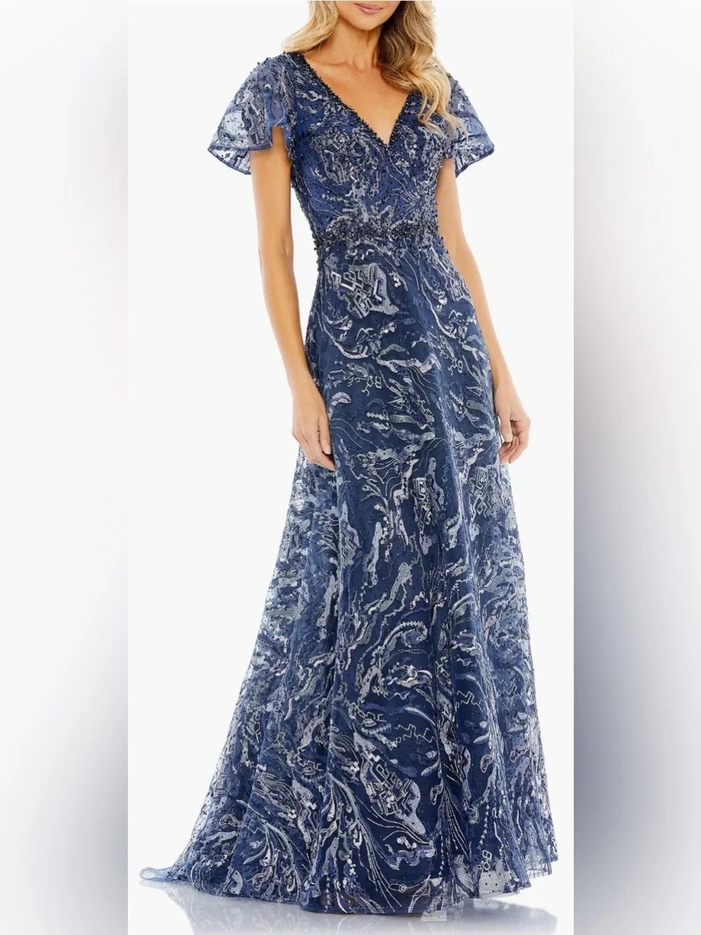 New Mac Duggal 20301 Navy Embellished Illusion Butterfly Sleeve A-Line Gown 18