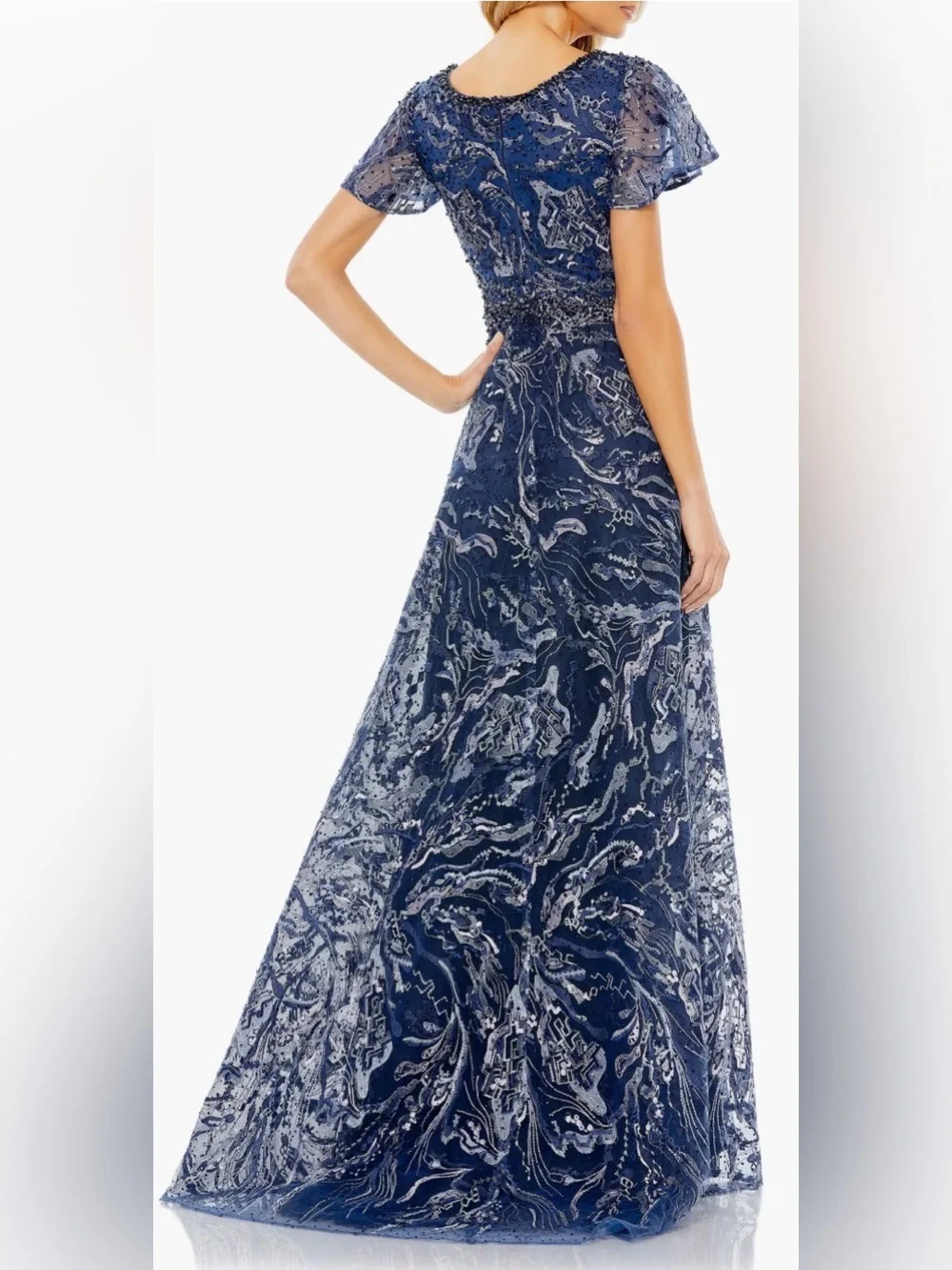 New Mac Duggal 20301 Navy Embellished Illusion Butterfly Sleeve A-Line Gown 18