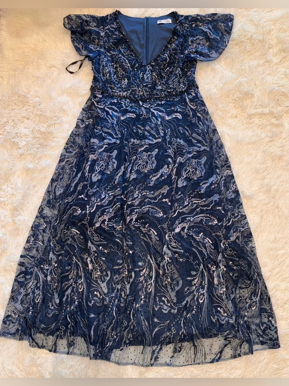 New Mac Duggal 20301 Navy Embellished Illusion Butterfly Sleeve A-Line Gown 18