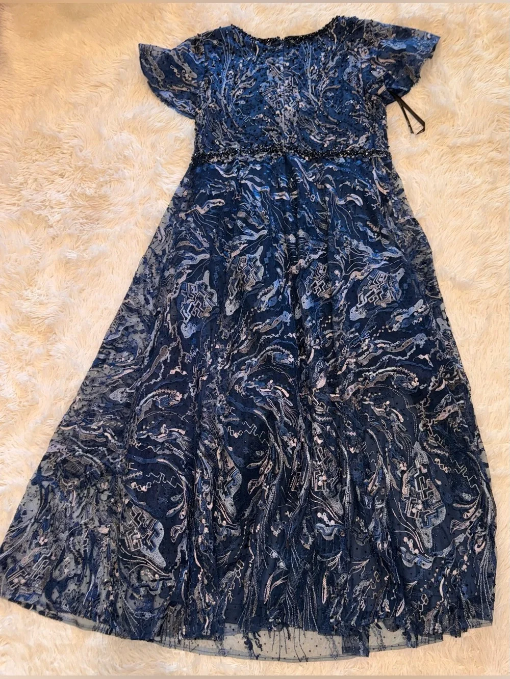 New Mac Duggal 20301 Navy Embellished Illusion Butterfly Sleeve A-Line Gown 18