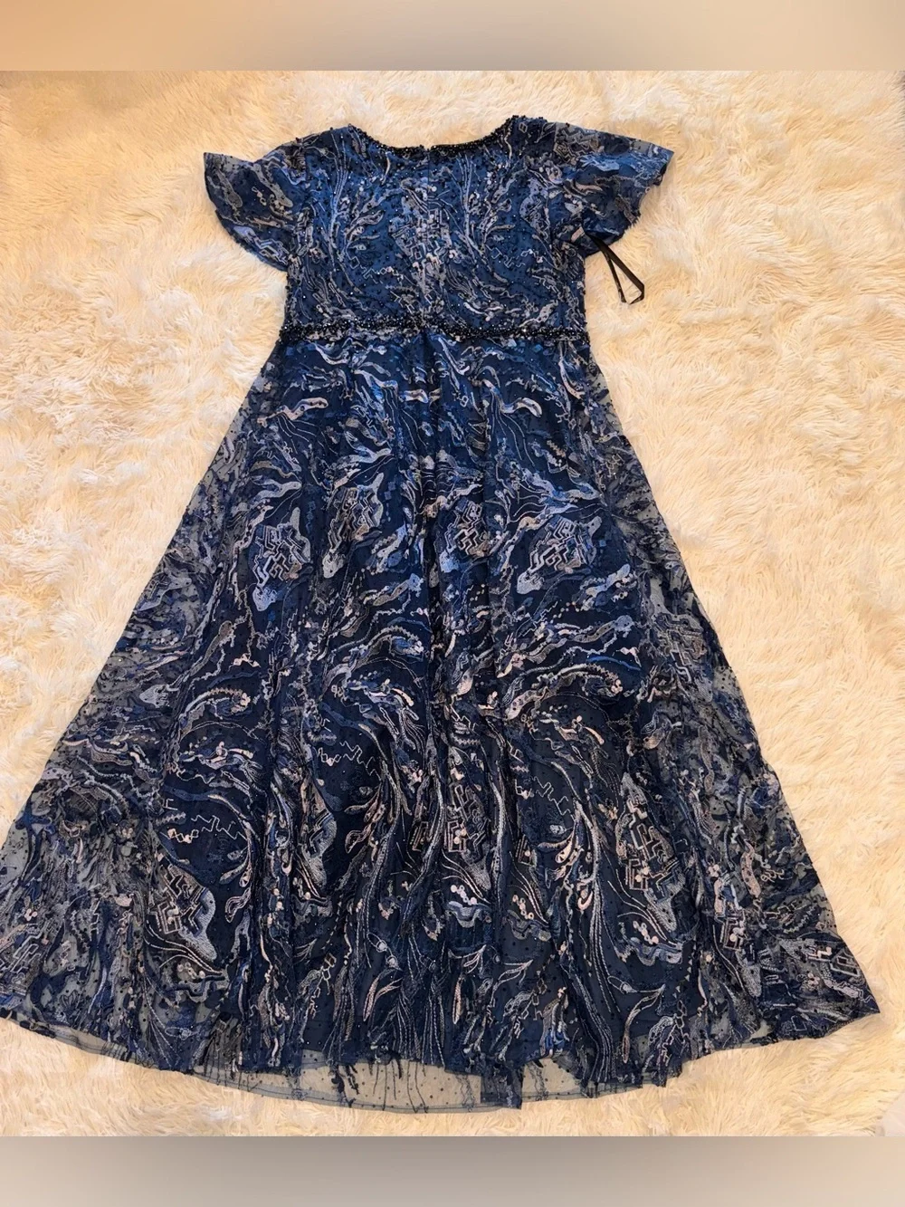 New Mac Duggal 20301 Navy Embellished Illusion Butterfly Sleeve A-Line Gown 18