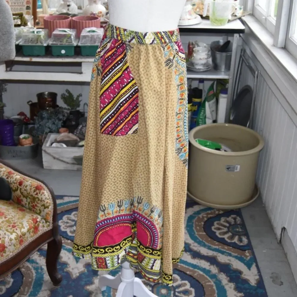 Y2K Uniti Casuals Boho Festival Midi Skirt Patchwork Print One Size