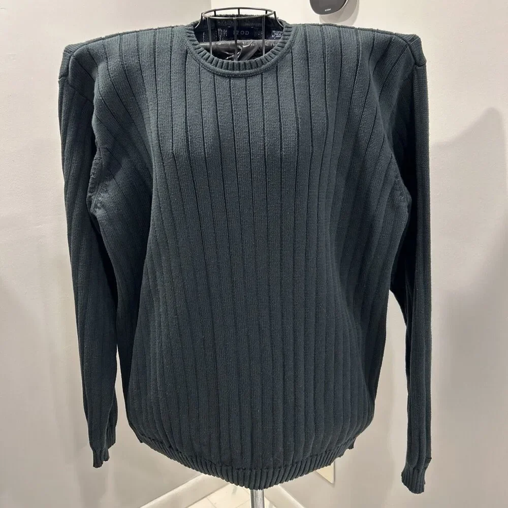 Izod Sweater Large Green Cable Knit Long Sleeve Round Neck