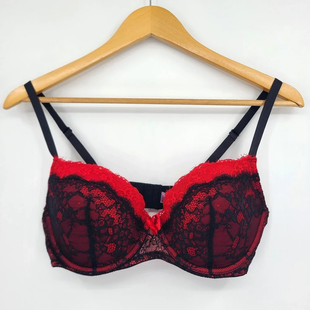 Adore Me Emanuelly Push Up Balconette Underwire Bra Red Black Lace Size 36D