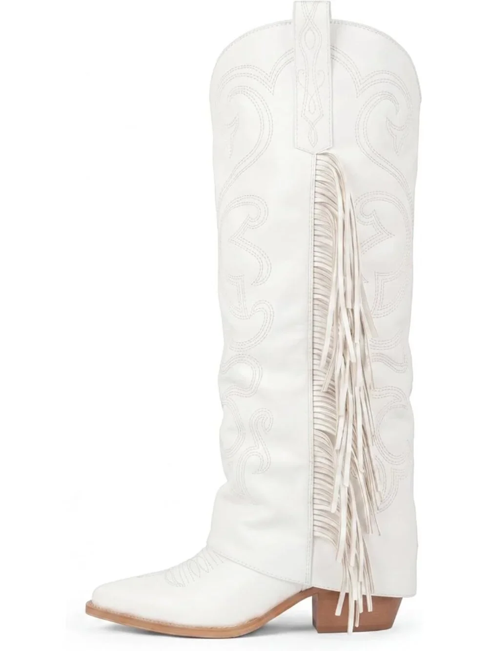 Women's White Knee High Cowboy Boots Chunky Block High Heel Half Zipper