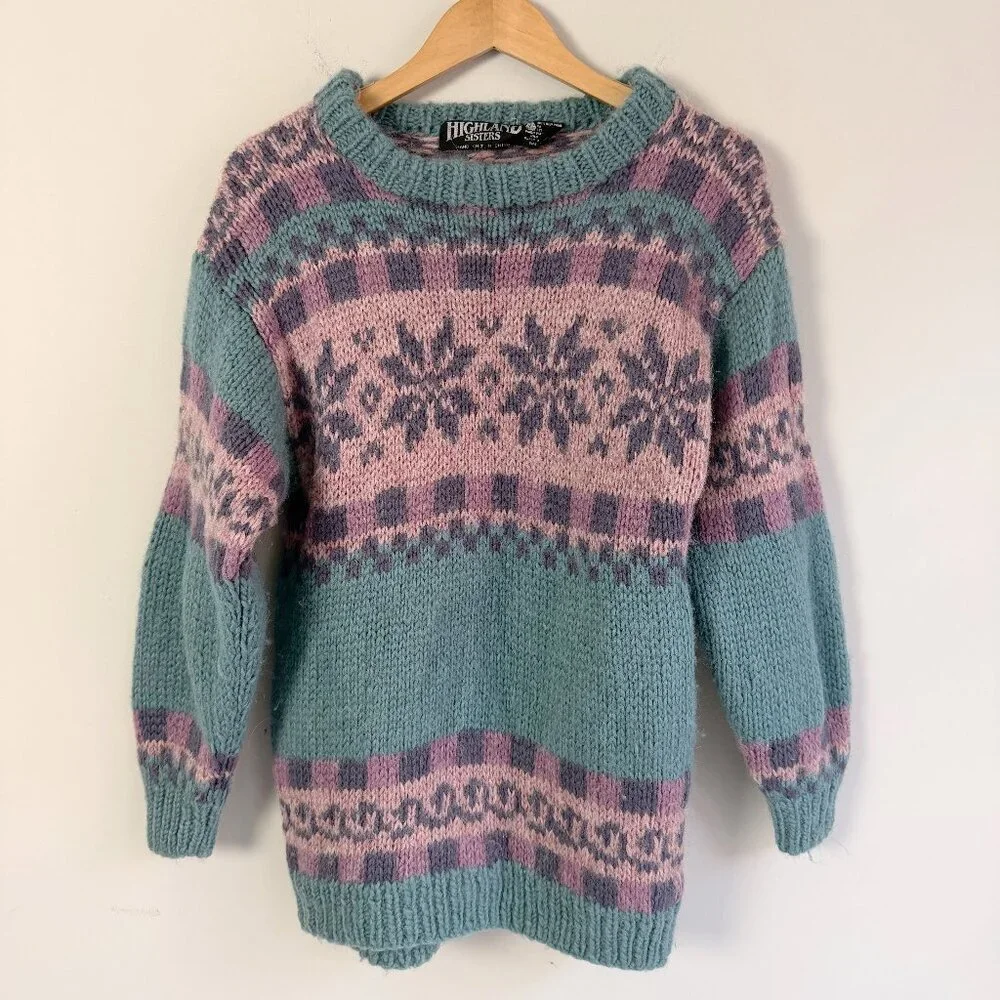 2/$30 Highland Sisters Hand Knit 100% New Wool  Pastel Sweater Medium
