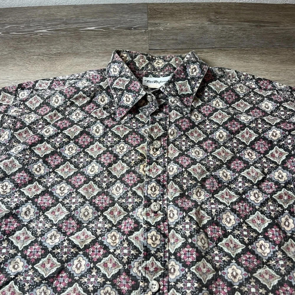 Tori Richard Button Down Shirt Mens L Black Mauve Geometric Diamond Tile Print