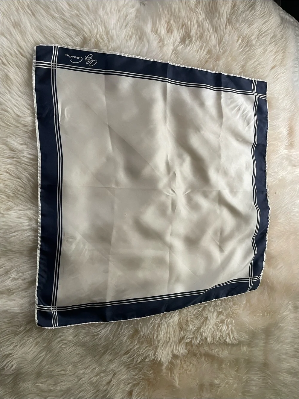 Vintage Designer Silk Twill Oleg Cassini Scarf  27” x  27” Navy White