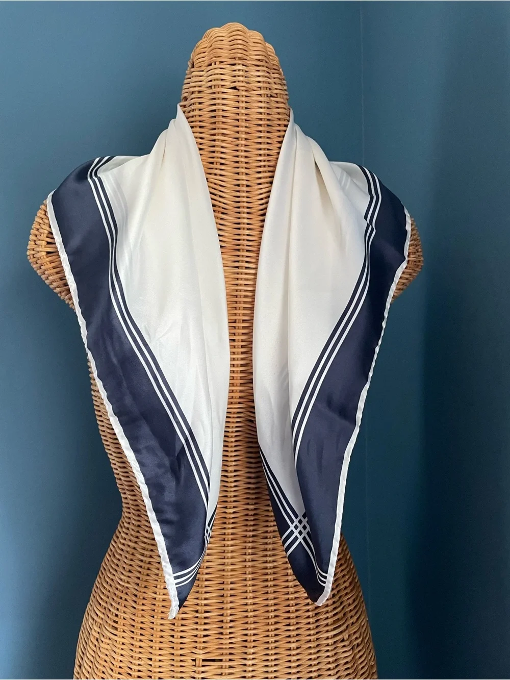 Vintage Designer Silk Twill Oleg Cassini Scarf  27” x  27” Navy White