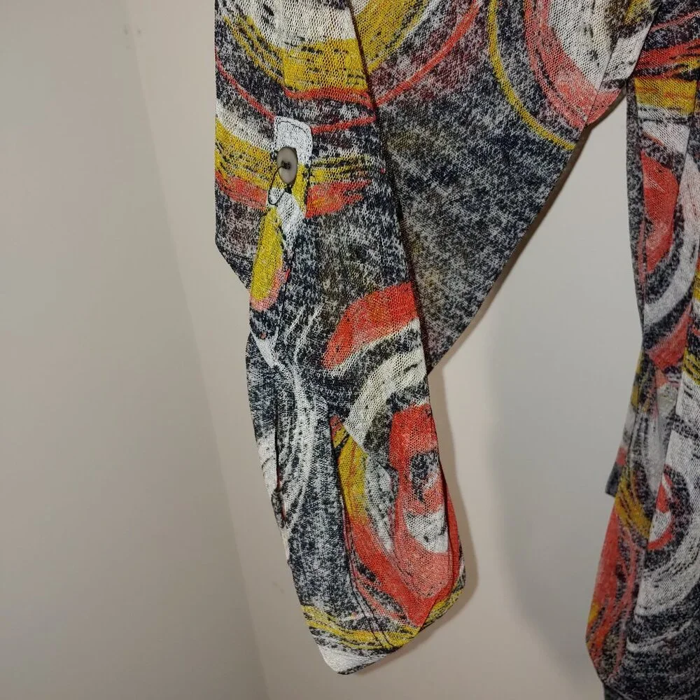 Ali Miles Abstract Print Semi Sheer Mesh Long Roll Tab Sleeves Cardigan Size 3X