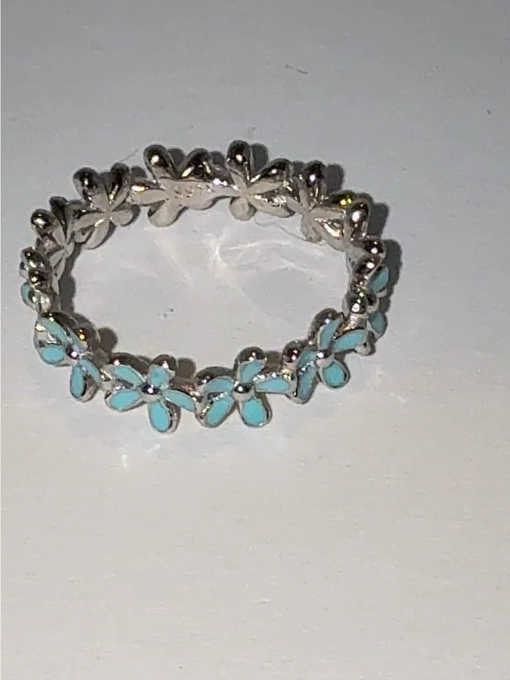 Silver Flower Band Ring with Turquoise Enamel