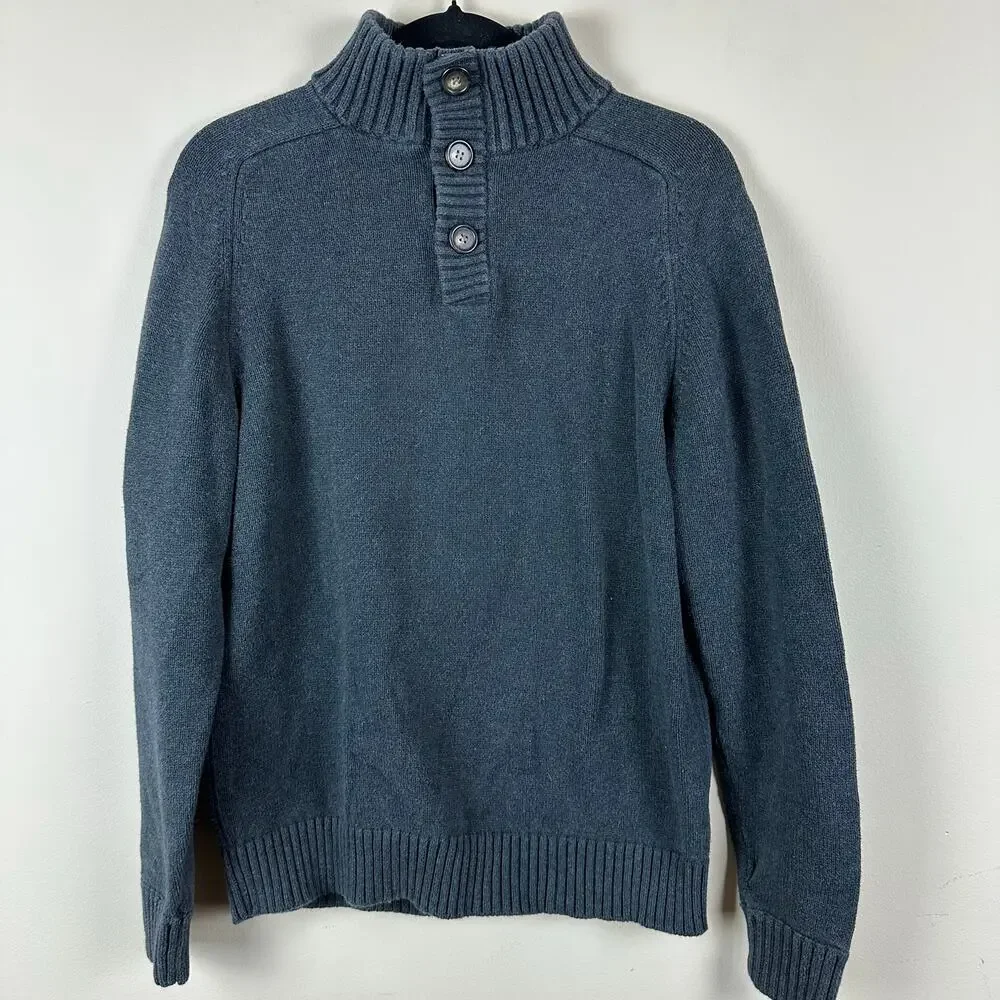 J.Crew Cobalt Gray Cotton Mock Neck Button Sweater Mens M Ribbed Collar Pullover