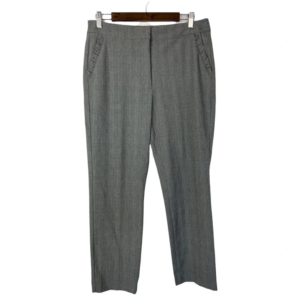 Zara TRF Gray Plaid Ruffle Straight‎ Leg Dress Trousers L