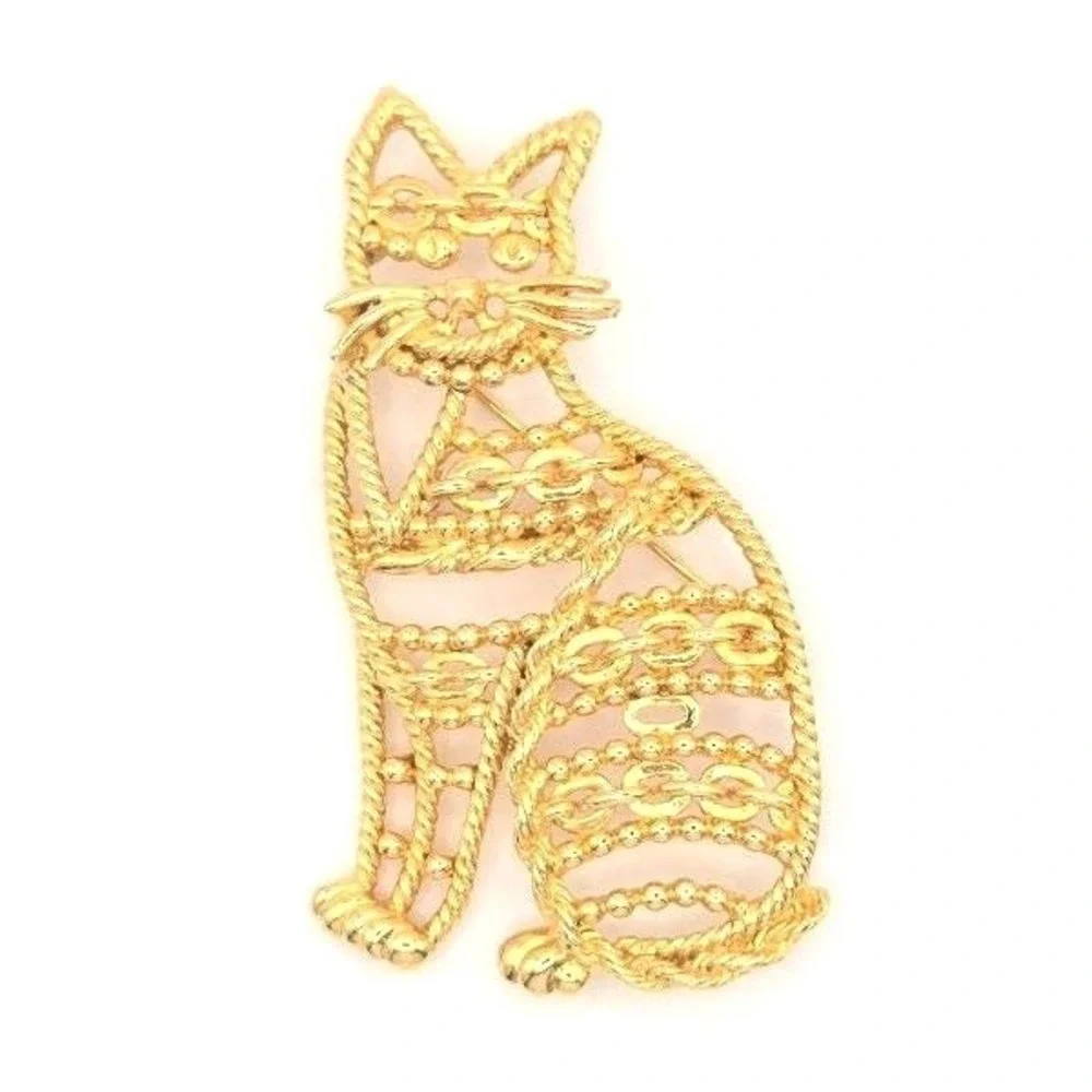 Vintage Danecraft Gold Tone Sitting Cat‎ Brooch Pin Fancy Chained Silhouette