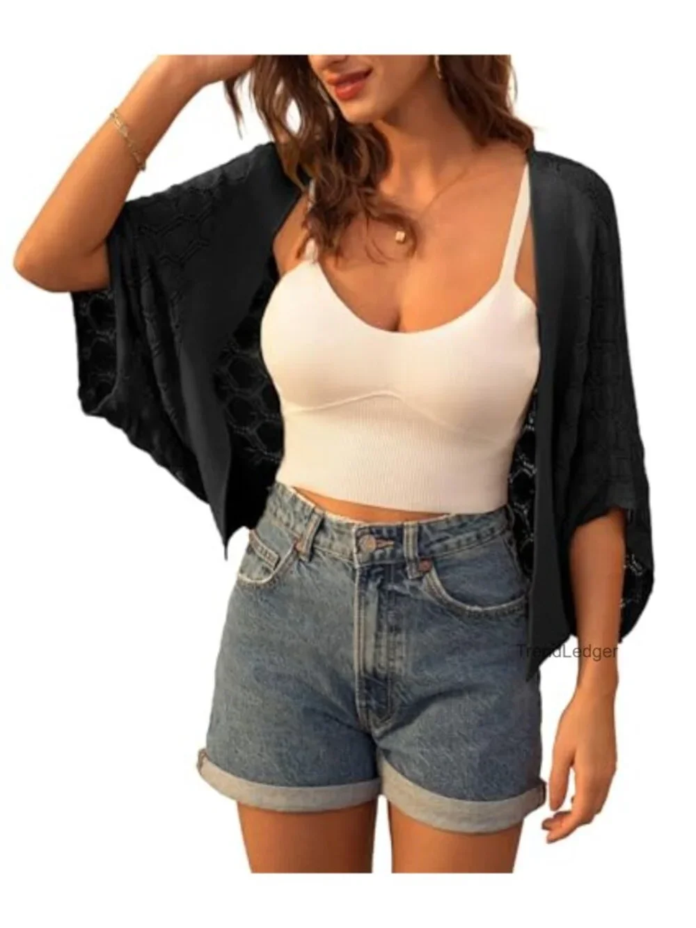 Women's Crochet Batwing Sleeve Cropped Cardigan Shrug Bolero Lightweight Boho
