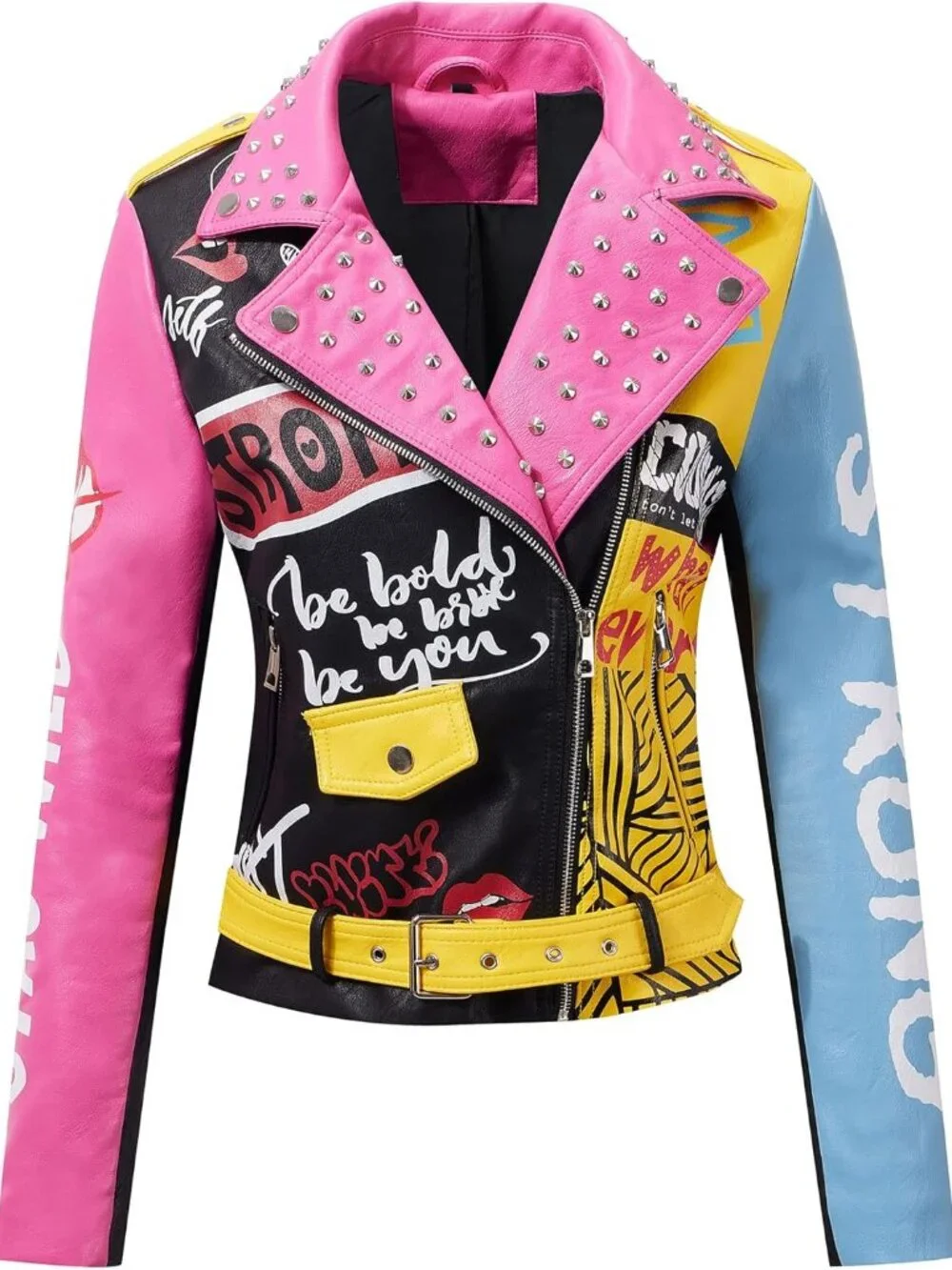 Faux Leather Jacket for Women Studded Rivet Floral Moto Biker Short Lapel Coat