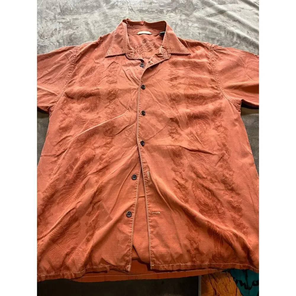 Tommy Bahama Orange‎ Hawaiian Floral Shirt Short Sleeve Button Down Mens L Silk