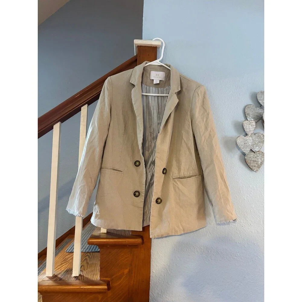 Halston open front linen blend blazer natural tan beige L professional jacket