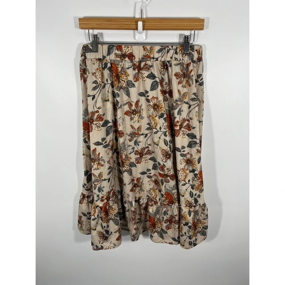 Cottage‎ Boho Forest Fairy Womens Midi Skirt L Beige Ruffle Floral