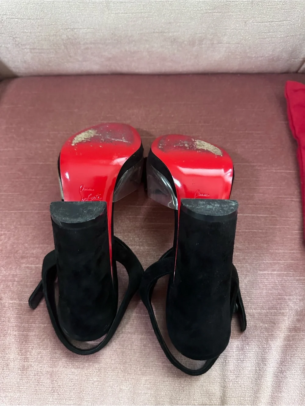 Christian Louboutin Black Patent Bow Block-Heel Sandals with Suede and PVC Vamp