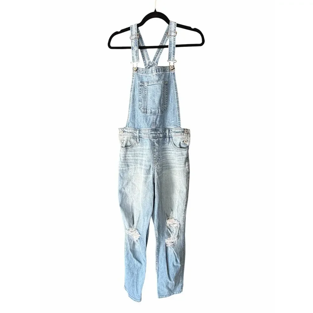 Hollister Boyfriend Denim Overalls Distressed Light Wash Bib Jeans M Coastal