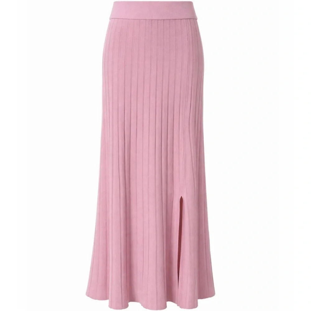 NWT Saks Fifth Avenue Pink Stretch Knit Wide Ribbed Midi Skirt w/ Slit Size S