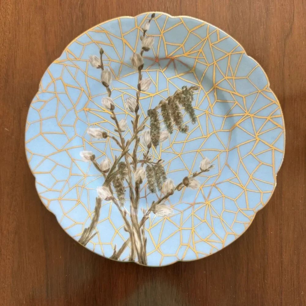 Antique H & Co Limoges Hand Painted Blue Gold Willow 7 3/4” Crackle