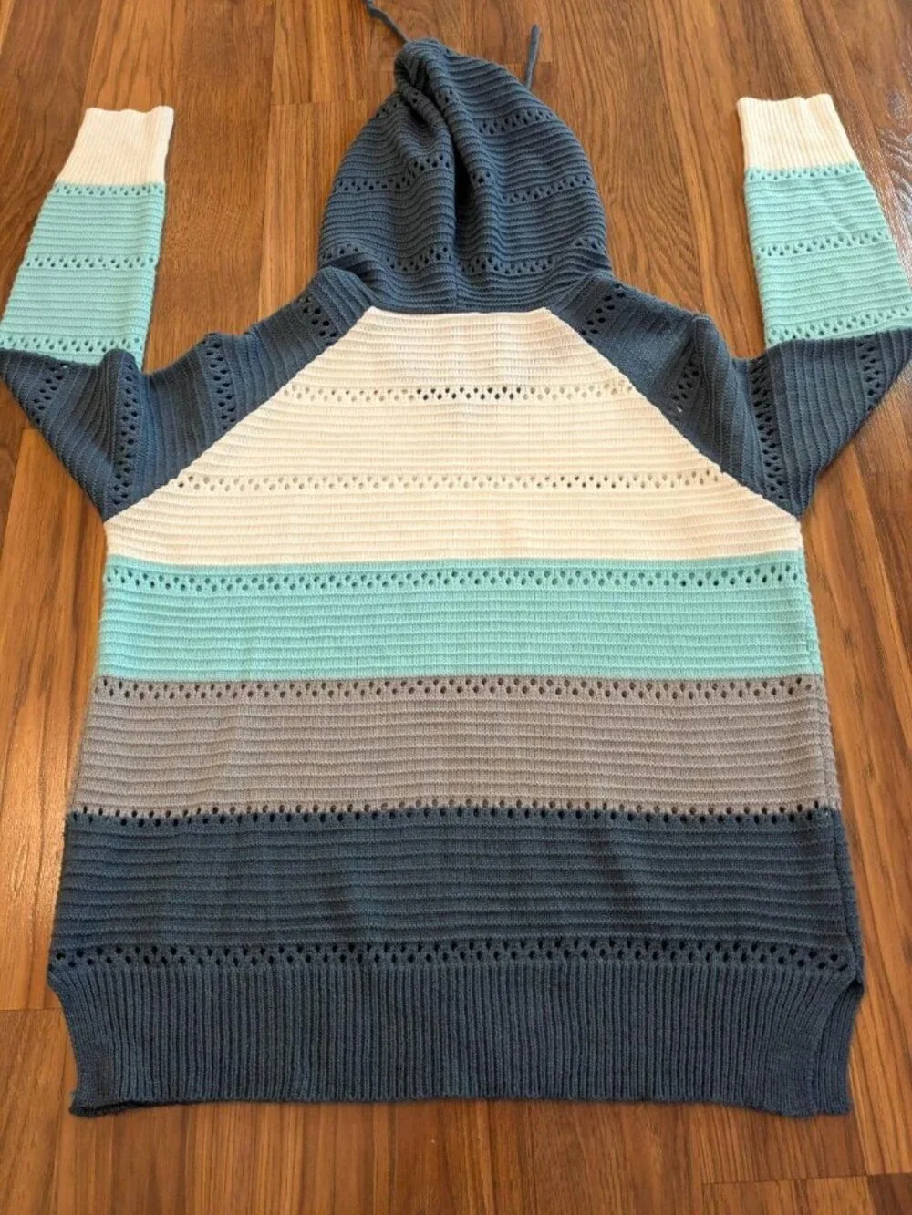 Boho Color Block Knit Hoodie Sweater Soft Cozy Lightweight Pullover Top Medium