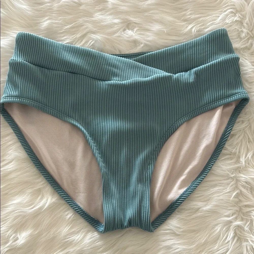 Teal High Waisted Crossover Ribbed Bikini Bottoms Size Medium
