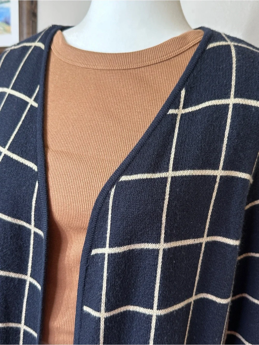 Charter Club Navy Windowpane Cardigan & Gibson Latimer Cream Denim Wrap Skirt