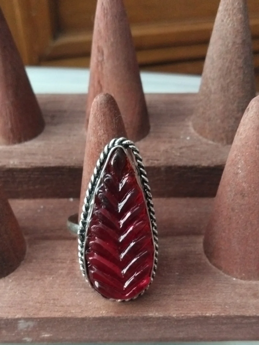 Red Carved Teardrop Statement Ring