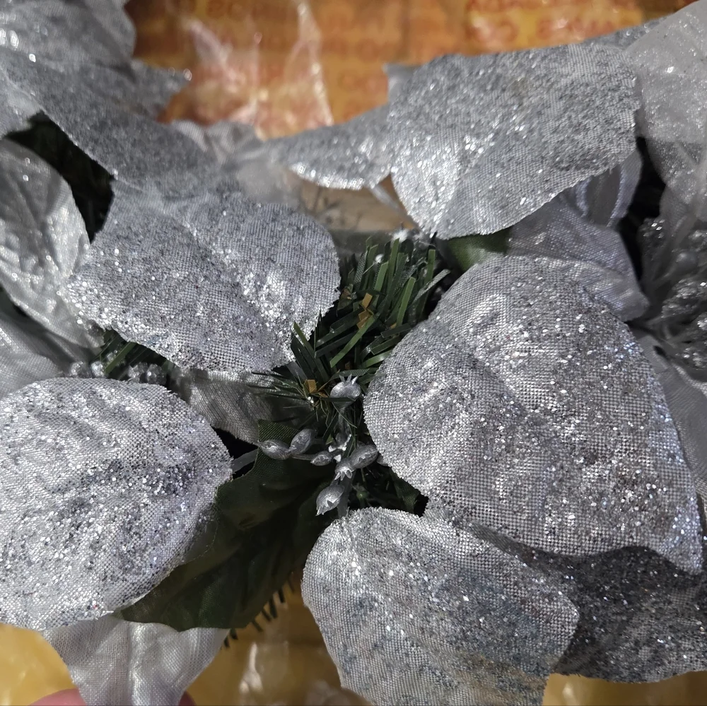 Sparkling Silver Poinsettia Holiday Wreath