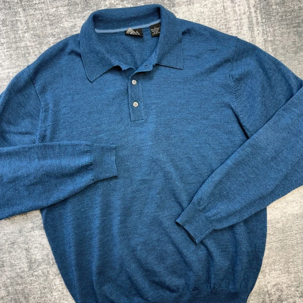 Jos A Bank Sweater Polo Mens Large Blue Merino Wool Knit Luxury Business Casual