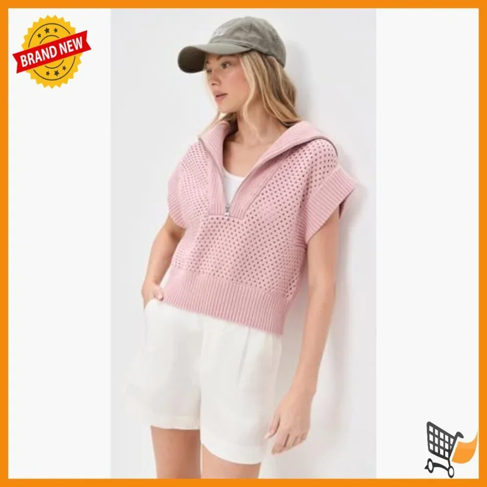 Cropped Half Zip Cotton Sweater, Loose Fit, Short Sleeve Pullover