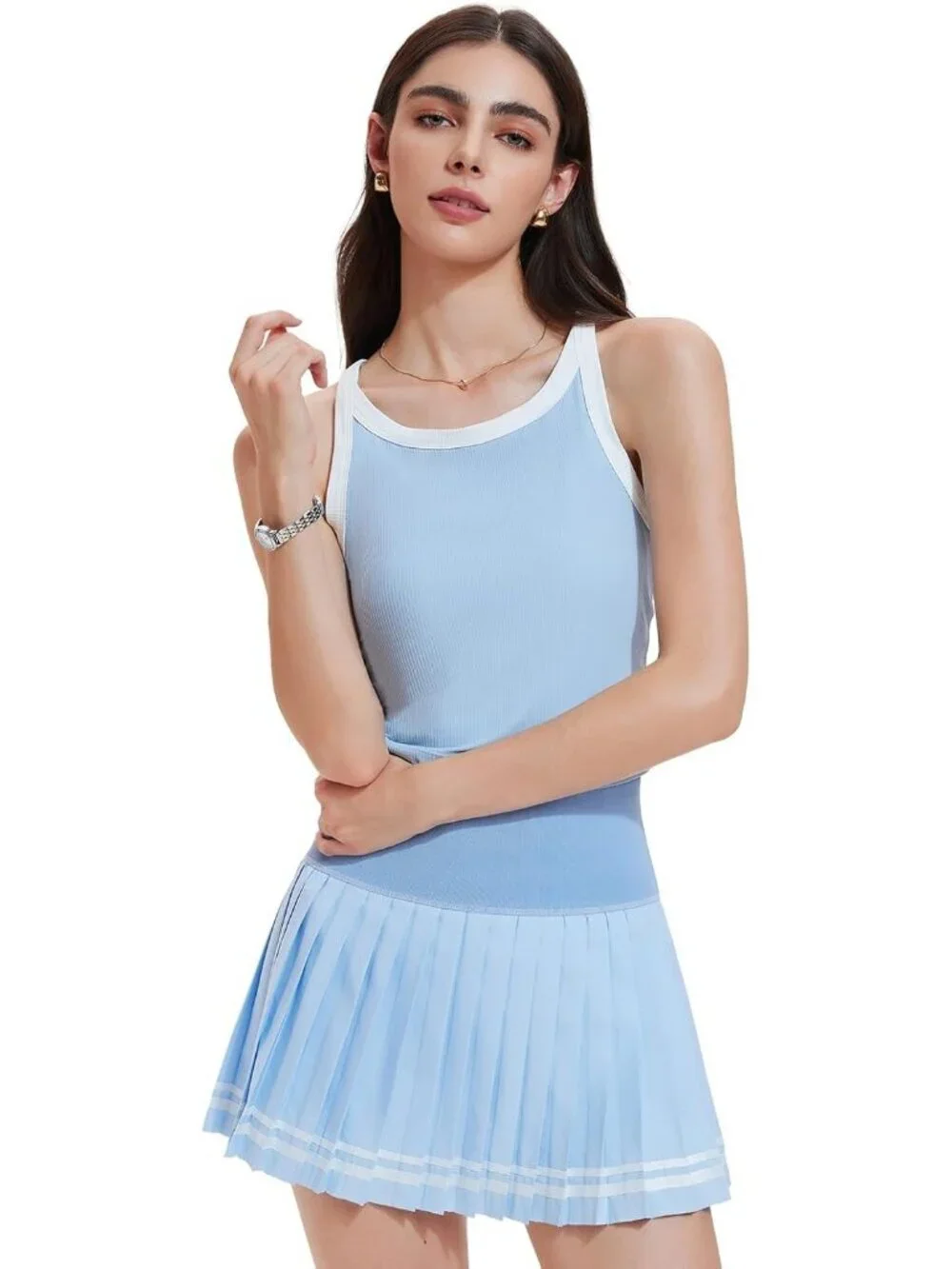 Women's Sky Blue 2 Piece Racer Back Tennis Skirt Tank Top Pull On Golf Dress
