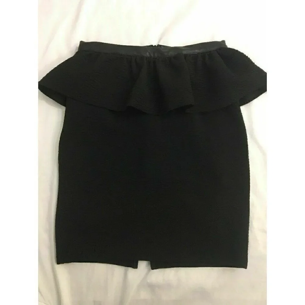 Zara Womens Solid Black Faux Leather Trim Pencil Skirt Small