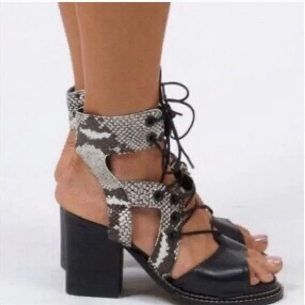 Free People Snake Print Lennon Leather Sandal Block Heel Lace Up Cutout 39