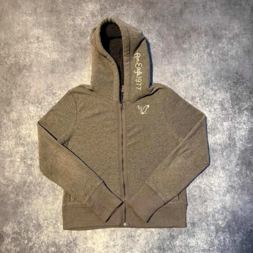 American Eagle Womens Hoodie XL Gray Sherpa Lined Full‎ Zip Fleece