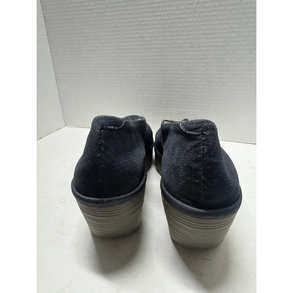 Fly London Yaya Navy Blue Perforated Leather Peep Toe Wedge Sandals 40 9