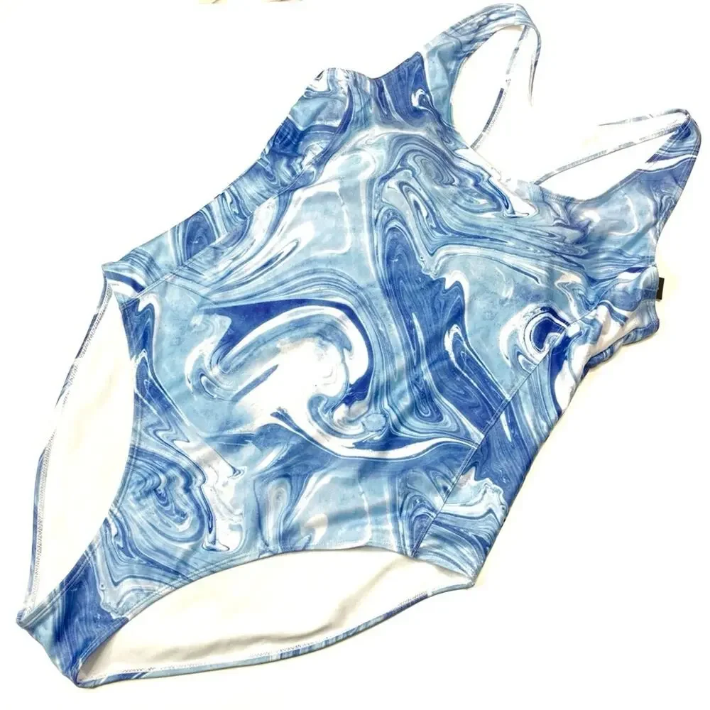Nicole Miller Blue Tropic Swirl Print One Piece Racerback Swimsuit NWT Womens 3X