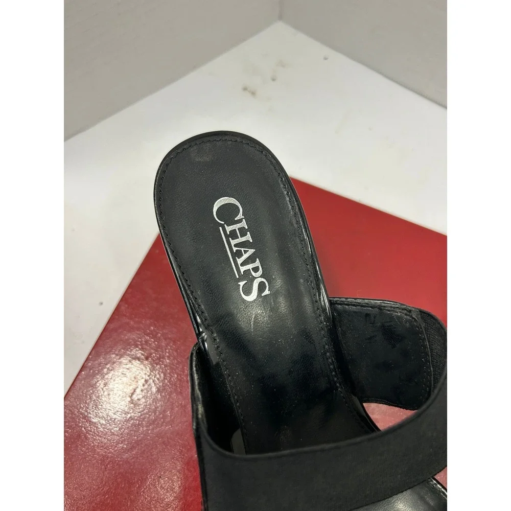 Chaps Patent Wedge Sandals 9.5B Black Elastic Strap Rhoda Office Classic Chic