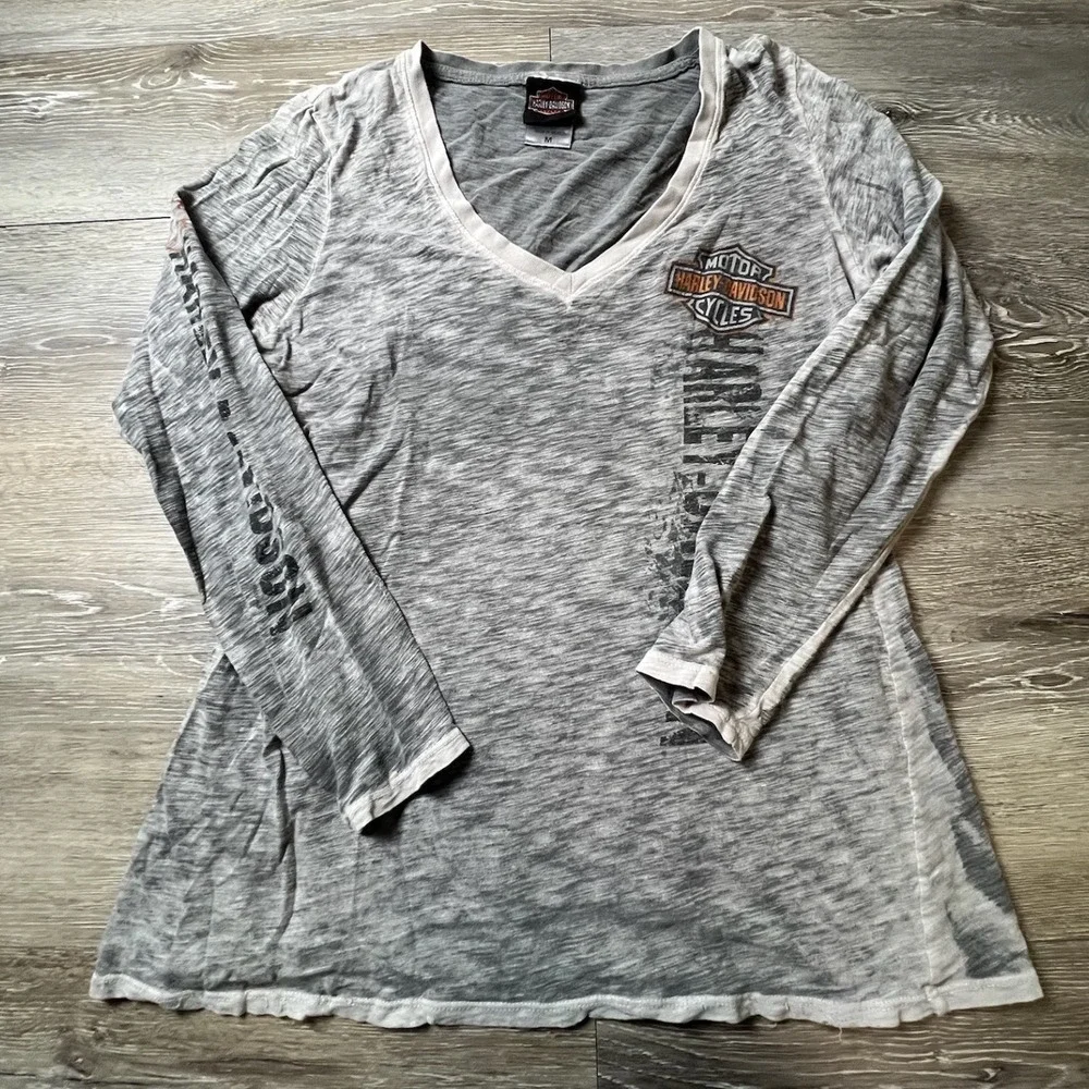 Harley-Davidson Shirt Womens Medium Grey Burnout Long Sleeve V-Neck Sweden Biker