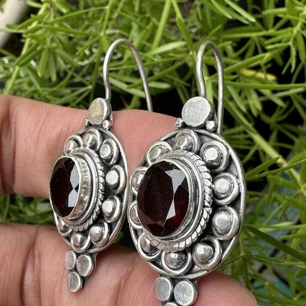 VTG Drop Earrings 1.625‎ Inch Red Garnet Oval Rope Flat Bead 925 Sterling 11.8g