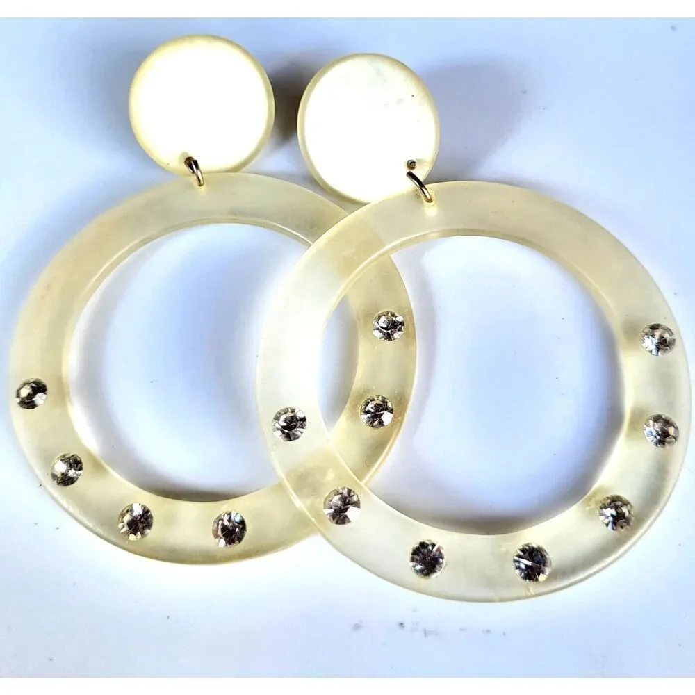 Vintage Frosted Clear Lucite Hoop Dangle Earrings with Rhinestones 3.5 in