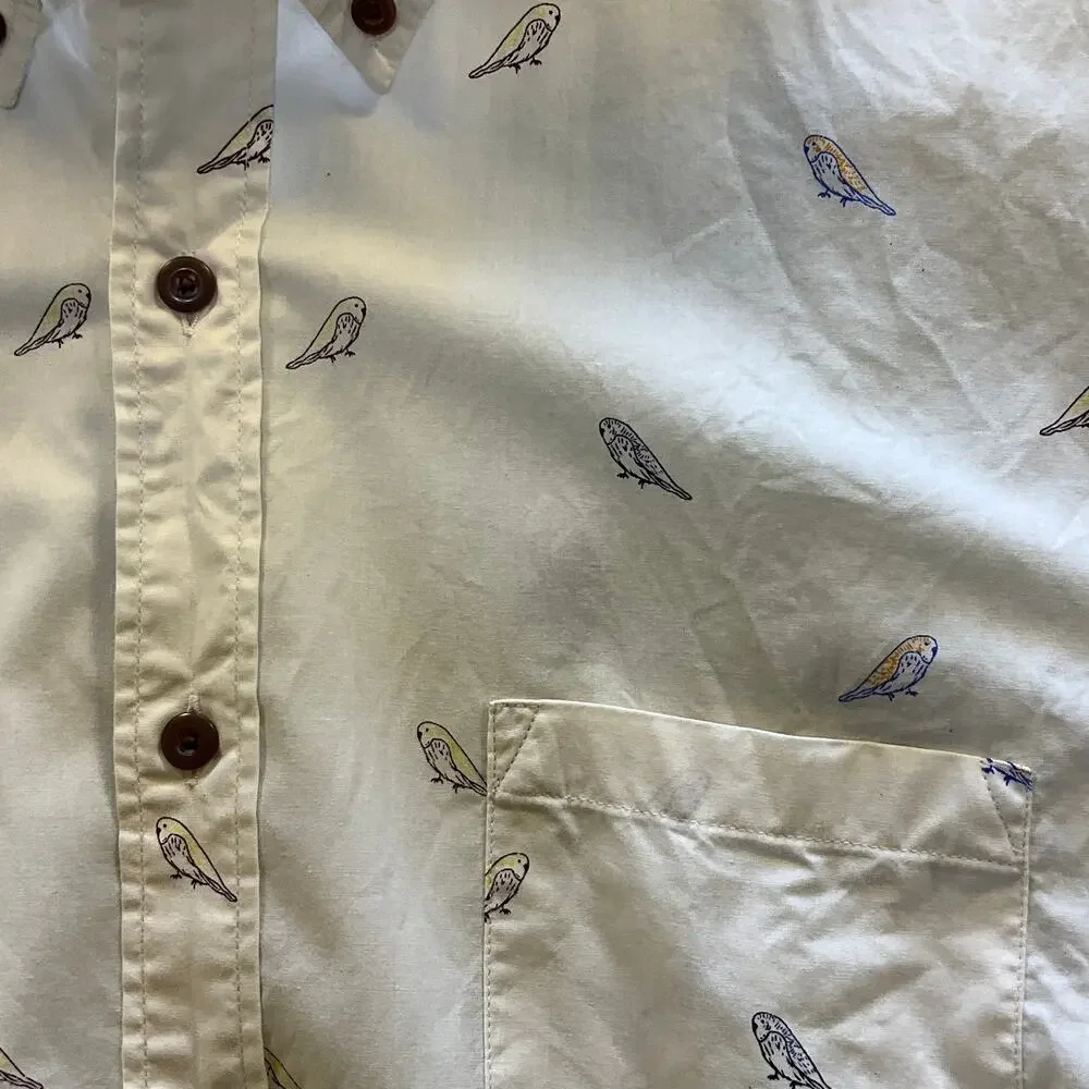 J.Crew Men’s Large Slim Fit Bird Print Shirt Ivory Short Sleeve Button Down