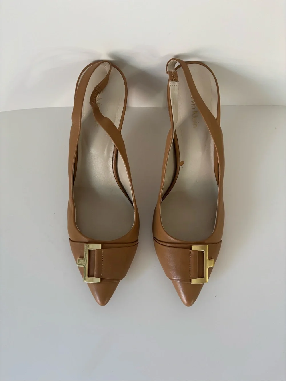 Calvin Klein Women's Tan Pointed-Toe Slingback Pumps with Gold Accent
