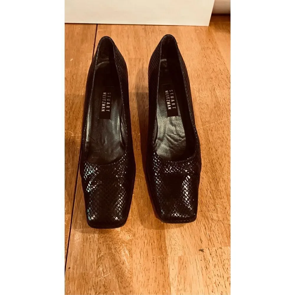 Stuart Weitzman Black Leather Snakeskin Embossed Leather Square Toes Block Heels